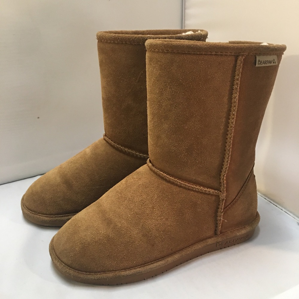 Bearpaw Emma Short Boots Women Size 6 Hickory Tan Suede Wool Sherpa Booties
